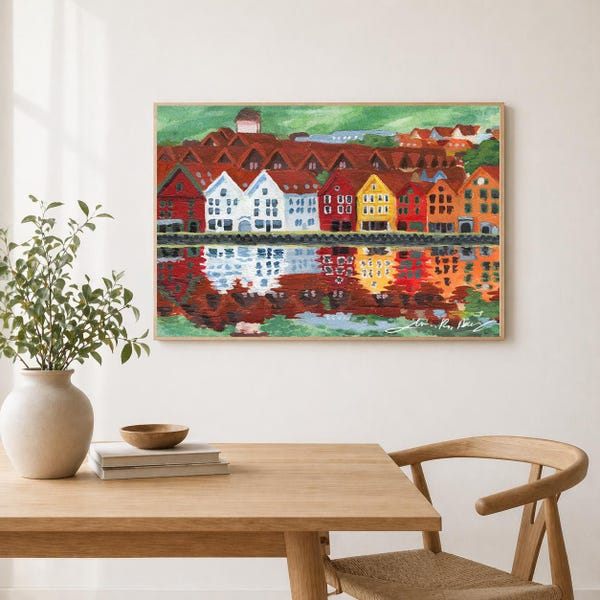 Bryggen - Descarga digital - Obra de arte acrílica escandinava hecha por mí