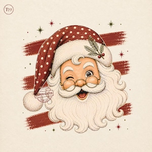 Peut inclure: Une illustration numérique du visage d'un Père Noël faisant un clin d'œil, portant un bonnet rouge à pois blancs avec un pompon. Il a une barbe blanche épaisse, des lunettes rondes dorées et un petit brin de houx. Fond avec des traits rouges.