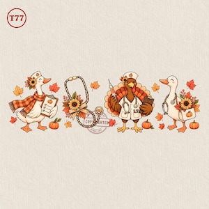 Peut inclure: Une illustration numérique montrant deux canards blancs et une dinde habillés en professionnels de santé, agrémentée de feuilles d'automne orange, de tournesols et de citrouilles. Un stéthoscope à motif léopard est au centre, avec le texte T77.
