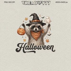 Peut inclure: Une illustration numérique d'un raton laveur portant un chapeau de sorcière noir, des lunettes de soleil en forme de cœur et un bandana orange à motifs. Il tient une citrouille et une sucette fantôme. Le texte indique "Halloween".
