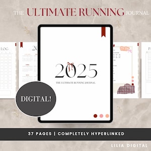 Może przedstawiać: Cyfrowy planer dla biegaczy z czerwoną wstążką i rokiem 2025 na okładce. Planer znajduje się na ekranie tabletu i zawiera napis "The Ultimate Running Journal" oraz "Digital!" Planer ma 37 stron i jest w pełni hiperłączony. Tekst "Lilia Digital" znajduje się na dole obrazu.