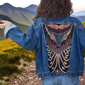 Embroidered Upcycled boho denim jacket, boro stitching, beaded and upcycled woven thrifted fabrics