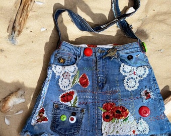 Upcycled Denim Crossbody Bag: Boro Stitched Poppy Fabric Tote