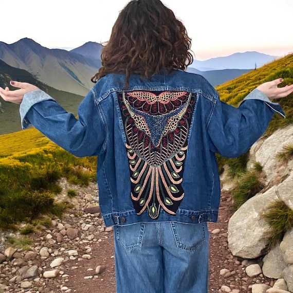 Embroidered, Beaded, Upcycled Boho Denim Jacket With Boro