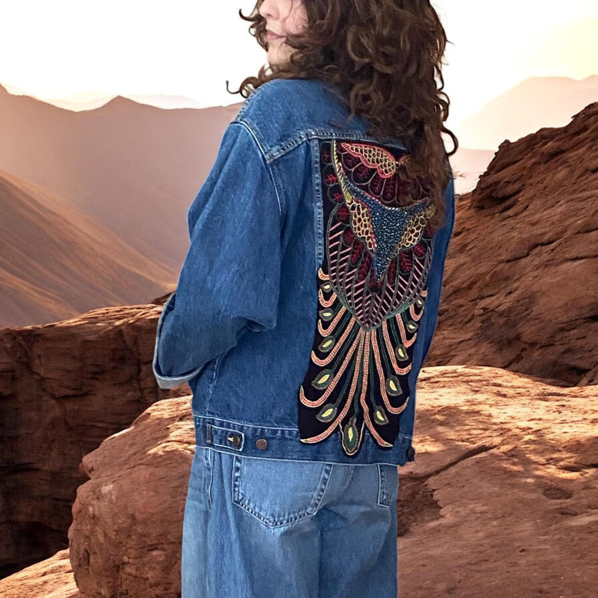 Embroidered, Beaded, Upcycled Boho Denim Jacket With Boro