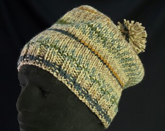 Hand Knit Green and Brown Striped Hat - Etsy display picture 1