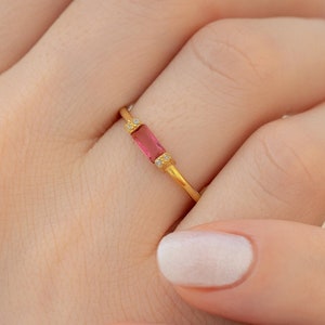 Ruby Baguette Ring: Dainty Sterling Silver Birthstone Stacking Ring