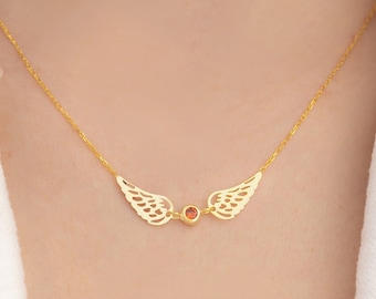 Sterling Silver Angel Wing Birthstone Necklace: Memorial Gift