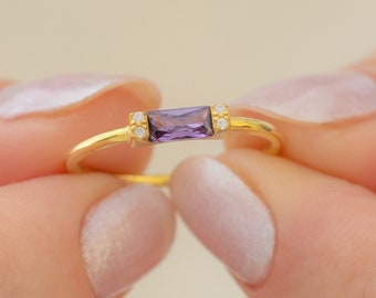 Amethyst Baguette Ring - Mothers Day Gift - Dainty Stackable Ring - February Stacking Ring - Birthstone Ring - Gifts for Her - Mom Gifts