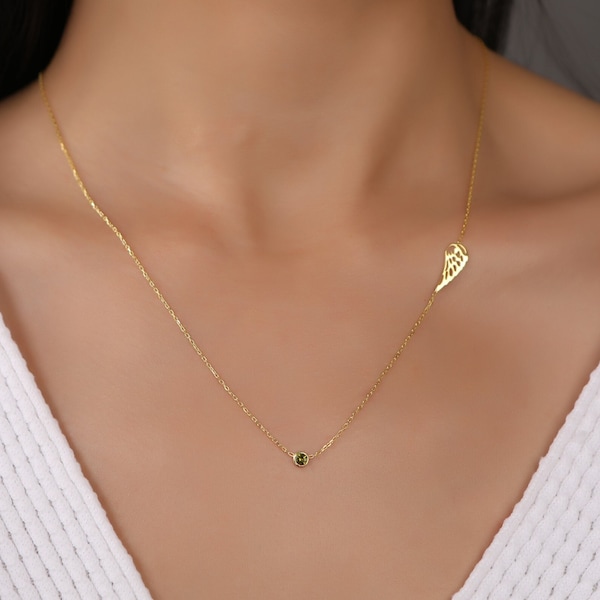 Sterling Silver Angel Wing Birthstone Necklace: Sympathy Memorial Gift