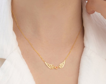 Sterling Silver Angel Wings Birthstone Necklace - Memorial Jewelry