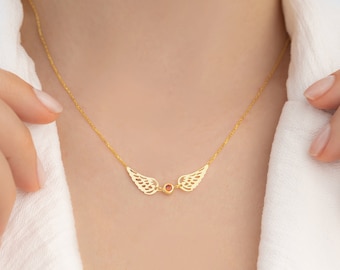 14K Gold Angel Wing Necklace: Personalized Birthstone Memorial Gift