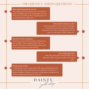 May include: A graphic with the title "FREQUENTLY ASKED QUESTIONS" and answers about jewelry materials, water resistance, care, gift boxes, and returns. The Dainty Gold Shop logo is at the bottom.