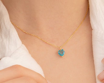 Blue Heart Necklace - 14K Gold Necklace - December Birthstone Necklace - Gold Heart Pendant Necklace - Mother's Day Gift -  Gift for Her