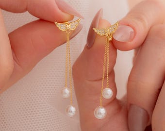 Freshwater Pearl Angel Wing Earrings: Sterling Silver Bridal Jewelry
