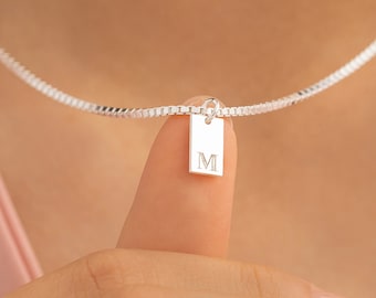 Dainty Initial Tag Necklace: Engraved Sterling Silver Charm