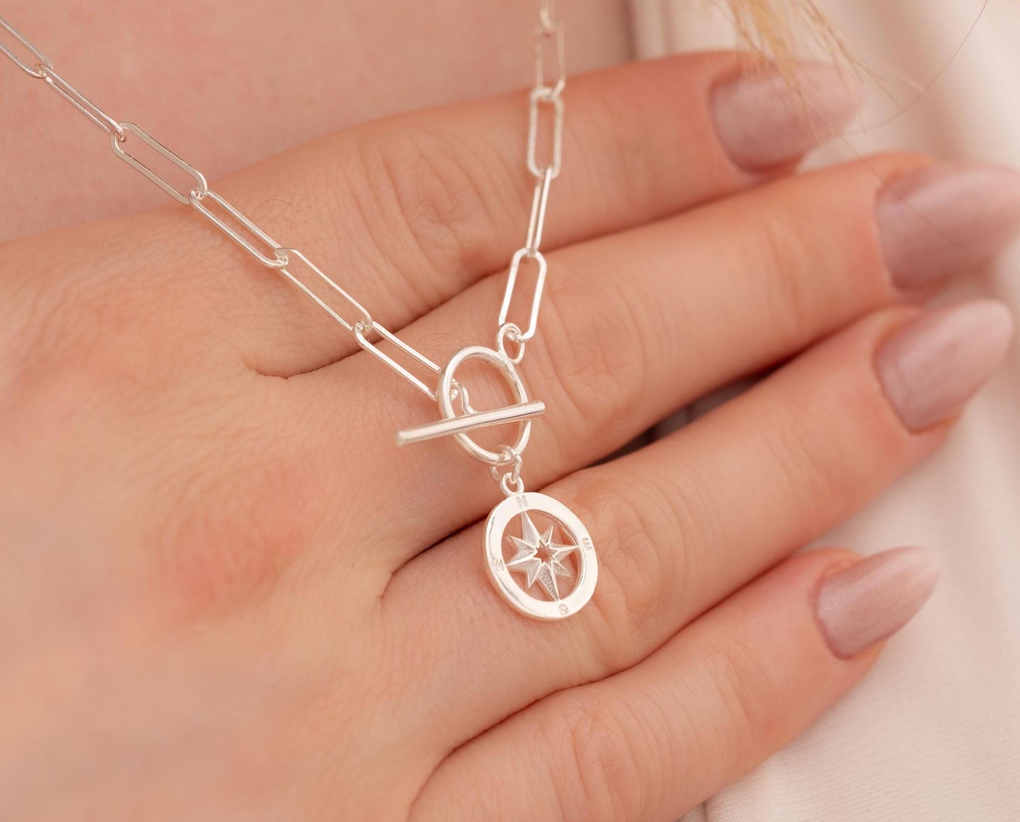 Sterling Silver Compass Necklace: Paperclip Chain Toggle Clasp