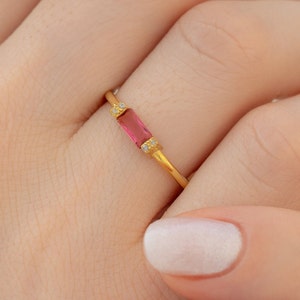 14K Solid Gold Ruby Ring - Memorial Gift - Solid Gold Ring - Personalized Gift - Stacking Baguette Ring - Gift for Her - 14K Gold July Ring