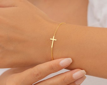 14K Gold Cross Bracelet, Minimalist Cross Bracelet, Gold Cross Bracelet, Cross Bracelet for Women, Mothers Day Gift, Christian Dainty Gifts