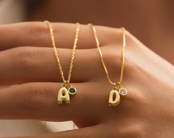 Bubble Letter Necklace , Balloon Initial Necklace , Birthstone Necklace