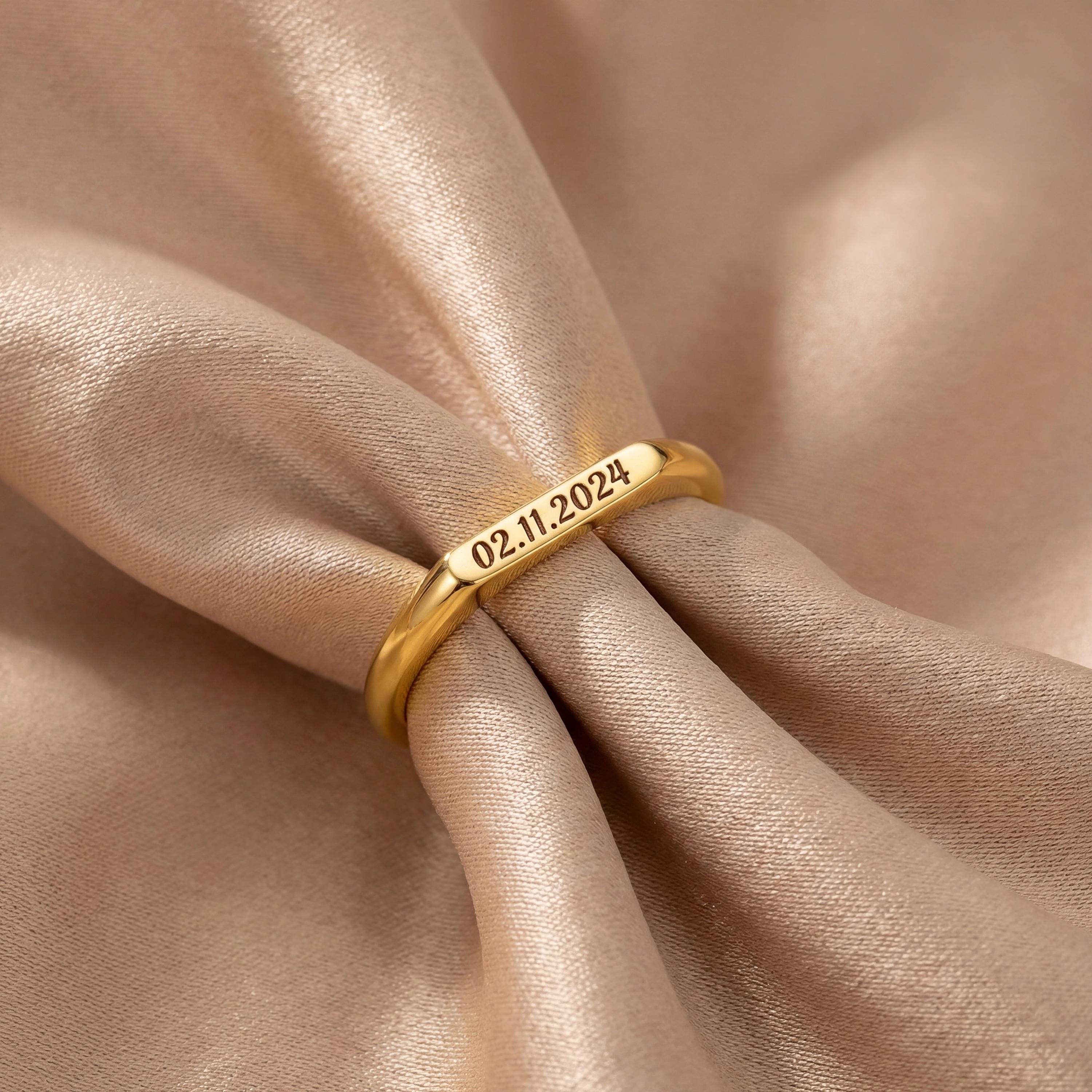 Dainty Date Ring , 14k Solid Gold Custom Date Ring , Personalized ...