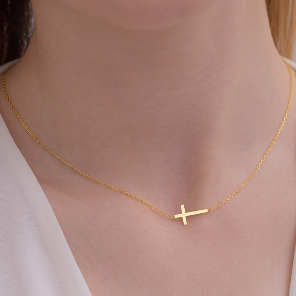 925 Sterling Cross Necklace, Sideways Cross Necklace, Confirmation Gift, Dainty Religious Necklace, Faith Necklace, Gold Minimal Necklace