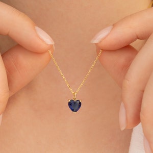 Sapphire Necklace - 14K Gold Heart Pendant Necklace - September Necklace - Mother's Day Gift - Gift for Her - Memorial Gift - Sapphire Charm