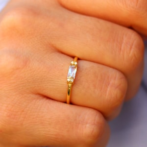 14K Solid Gold Zircon Baguette Birthstone Ring, Dainty Gifts for Her, April Stacking Ring, Solid Gold Jewelry, Birthstone Ring