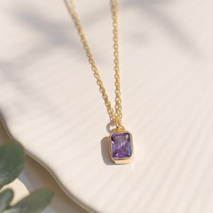 Amethyst Baguette Necklace: Dainty Gold Sterling Silver Birthstone