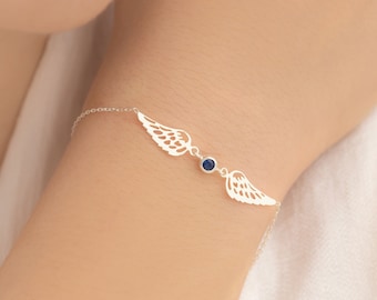 14K Gold Angel Wing Birthstone Bracelet - Memorial Gift