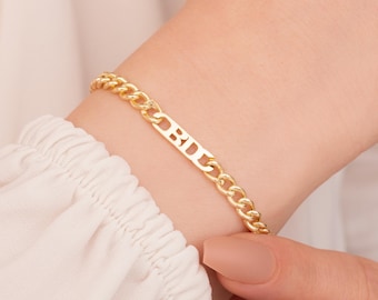 14k Gold Curb Chain with Initial Bracelet , Cuban Chain Bracelet , Curb Chain Bracelet , Chain Choker , Mens, Womens Chain Name Bracelet