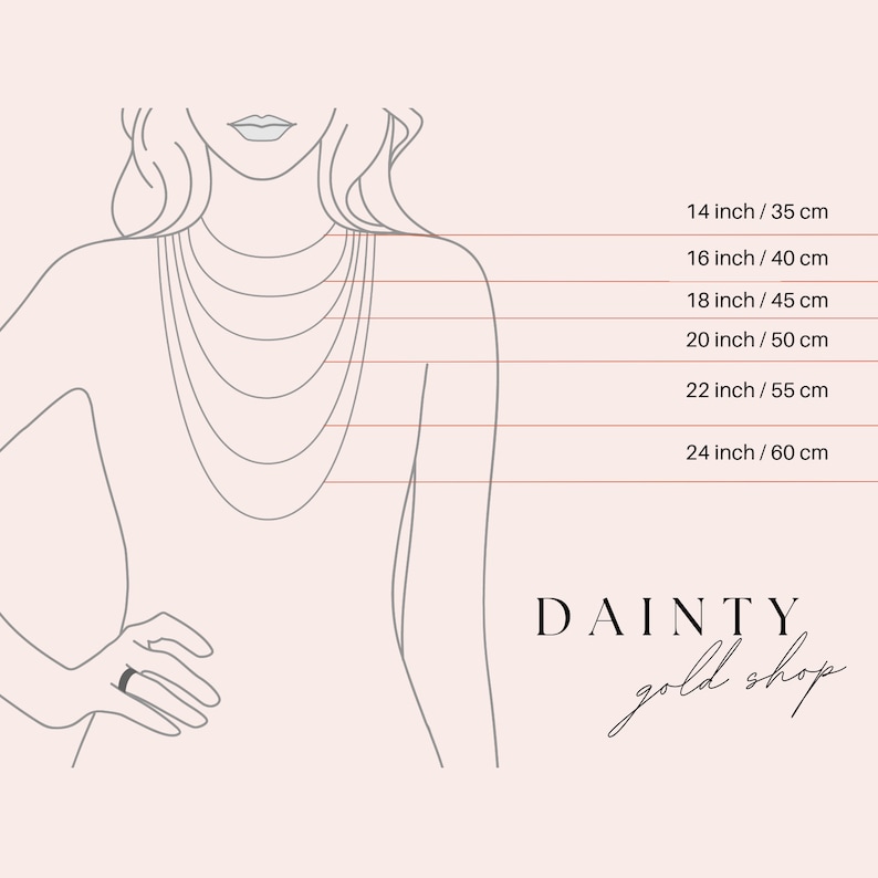 May include: Diagram showing different necklace lengths in inches and centimeters. The lengths are 14 inches/35 cm, 16 inches/40 cm, 18 inches/45 cm, 20 inches/50 cm, 22 inches/55 cm, and 24 inches/60 cm. The text "DAINTY gold shop" is at the bottom of the image.