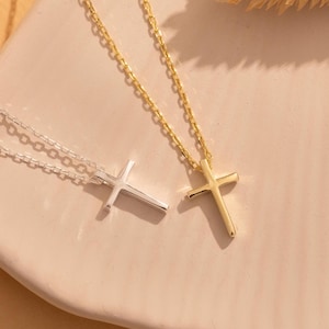 Dainty Cross Necklace: 14k Gold or Sterling Silver, Minimalist Religious Jewelry