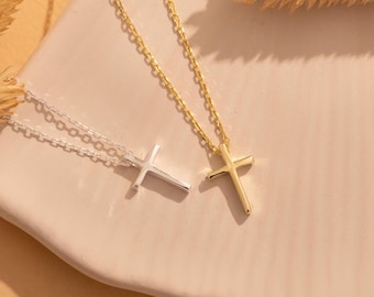 Dainty Cross Necklace: 14k Gold or Sterling Silver, Minimalist Religious Jewelry