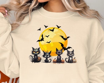 Sudadera de Halloween de gato negro, gatos y murciélagos