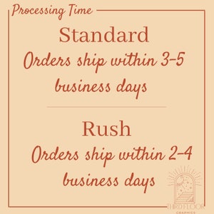 May include: A graphic with the text "Processing Time" and two options for shipping: Standard orders ship within 3-5 business days and Rush orders ship within 2-4 business days.