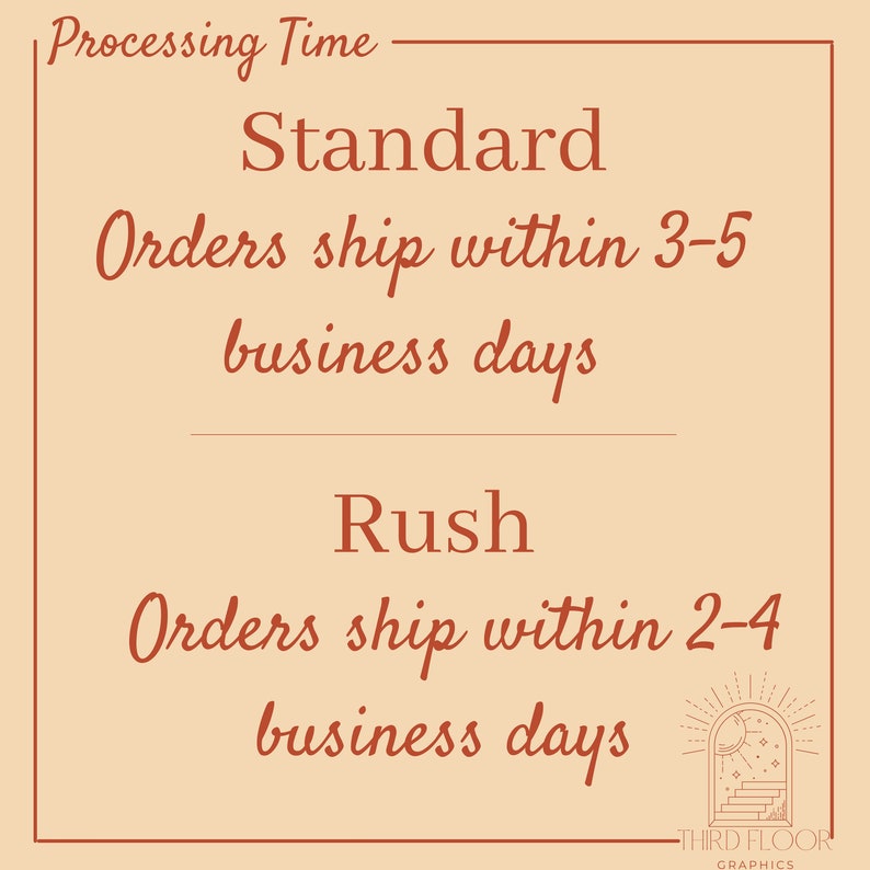 May include: A graphic with the text "Processing Time" and two options for shipping: Standard orders ship within 3-5 business days and Rush orders ship within 2-4 business days.