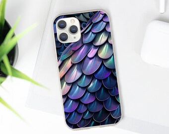 May include: A phone case featuring a design of iridescent purple and blue scales.