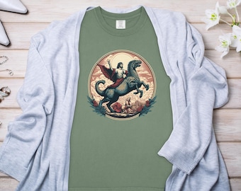 Jesus Riding Dinosaur T-Shirt, Funny Graphic Novelty Tee