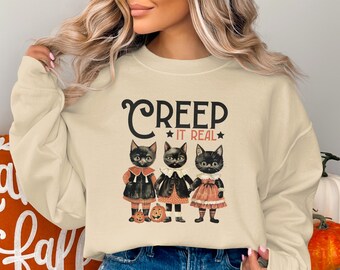 Vintage Halloween Sweatshirt, Spooky Black Cats Graphic Crewneck