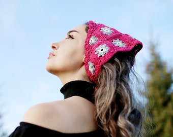 Pink Daisy Bandana |  Knitted with handmade crochet with cotton&acrylic yarn, Hair accessory for women, Gift for women