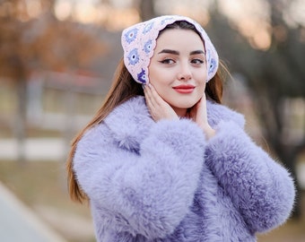 Lilac Daisy Bandana |  Knitted with handmade crochet with cotton&acrylic yarn, Hair accessory for women, Gift for women