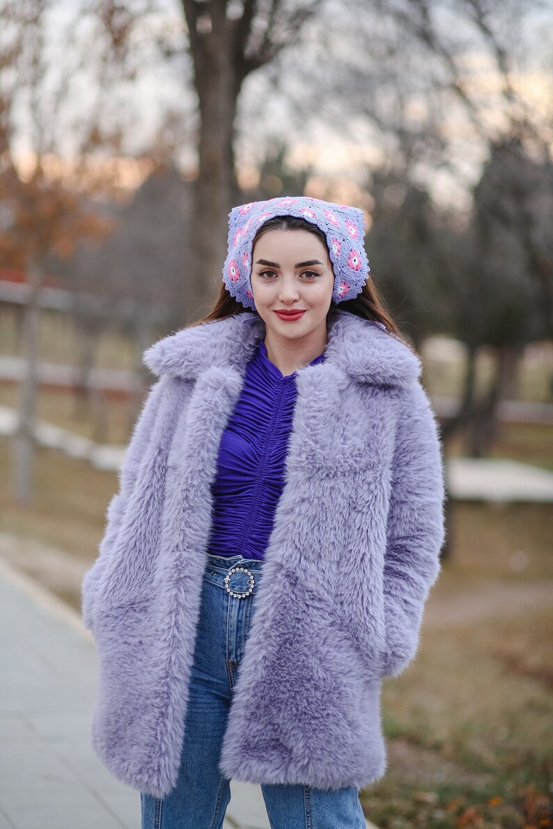 Purple Daisy Bandana Knitted With Handmade Crochet With Cotton&acrylic