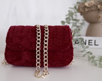 Burgundy Plastic Canvas Bag | Needle Knitting | Chain Purse | Handmade from yarn, Gift for women