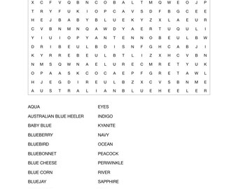 word search blue / blue things printable instant download PDF