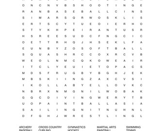 word search sports printable instant download PDF