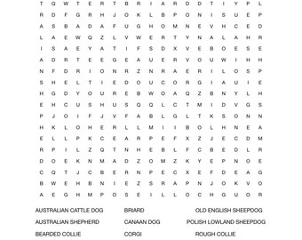 word search herding dog breeds printable instant download PDF