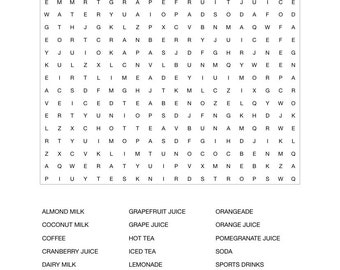 beverages drinks word search instant download printable PDF