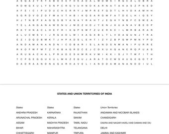 India word search states and union territories instant download printable PDF