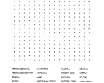 word search cat breeds printable instant download PDF